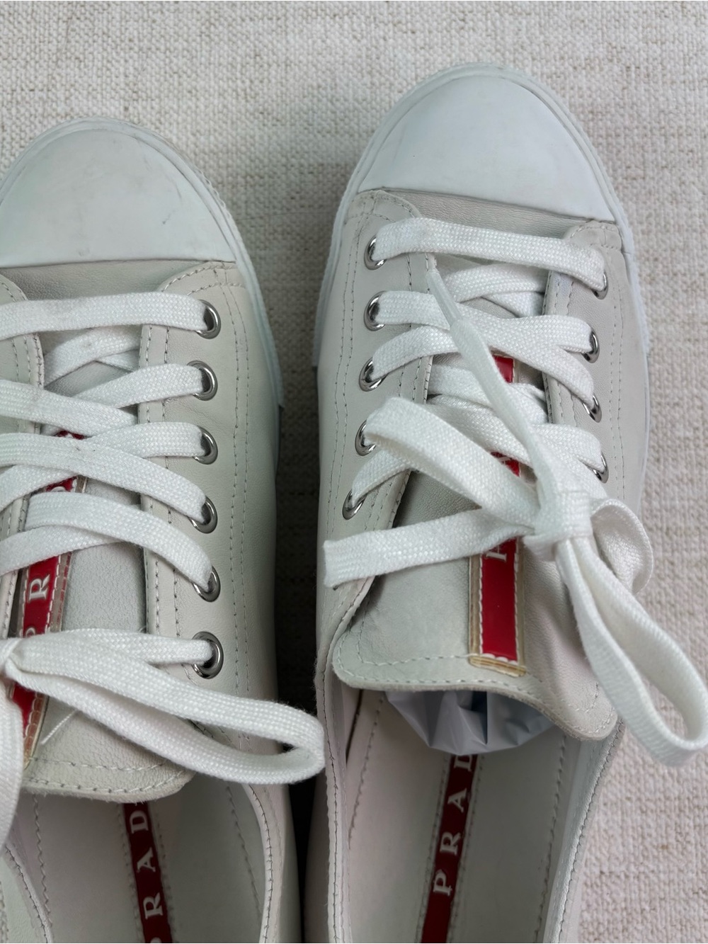 Prada women's size 38.5 White Leather low top Sneakers with Red Stripe Detail - Picture 11 of 16